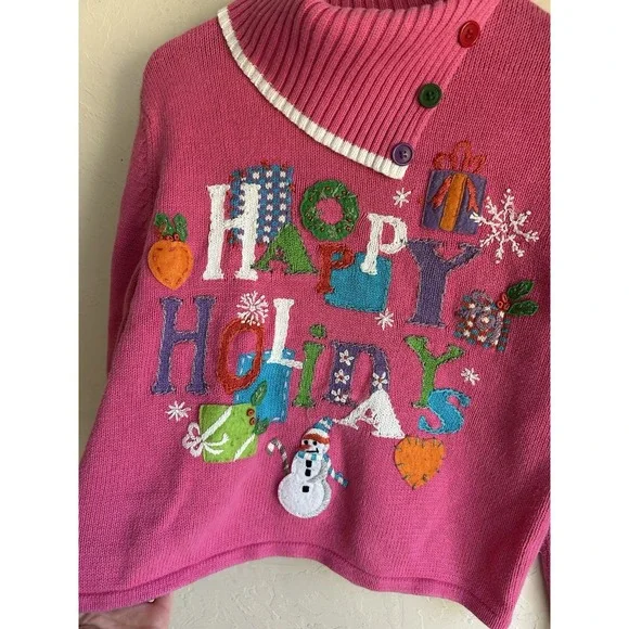 Vintage Heirloom Collectibles Novelty Christmas Sweater P L Pink Embroidered - Picture 4 of 6